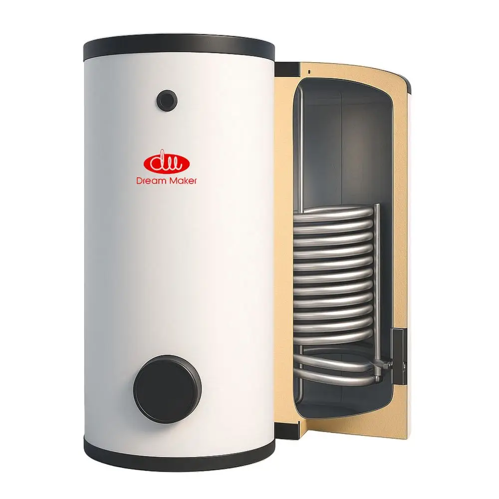Wassererwärmer von Dream Maker mit einem weißen Gehäuse, sichtbar innenliegendem Metallrohr, das die Warmwasserzirkulation ermöglicht. Geöffnet für Einsicht in die Innentechnologie.